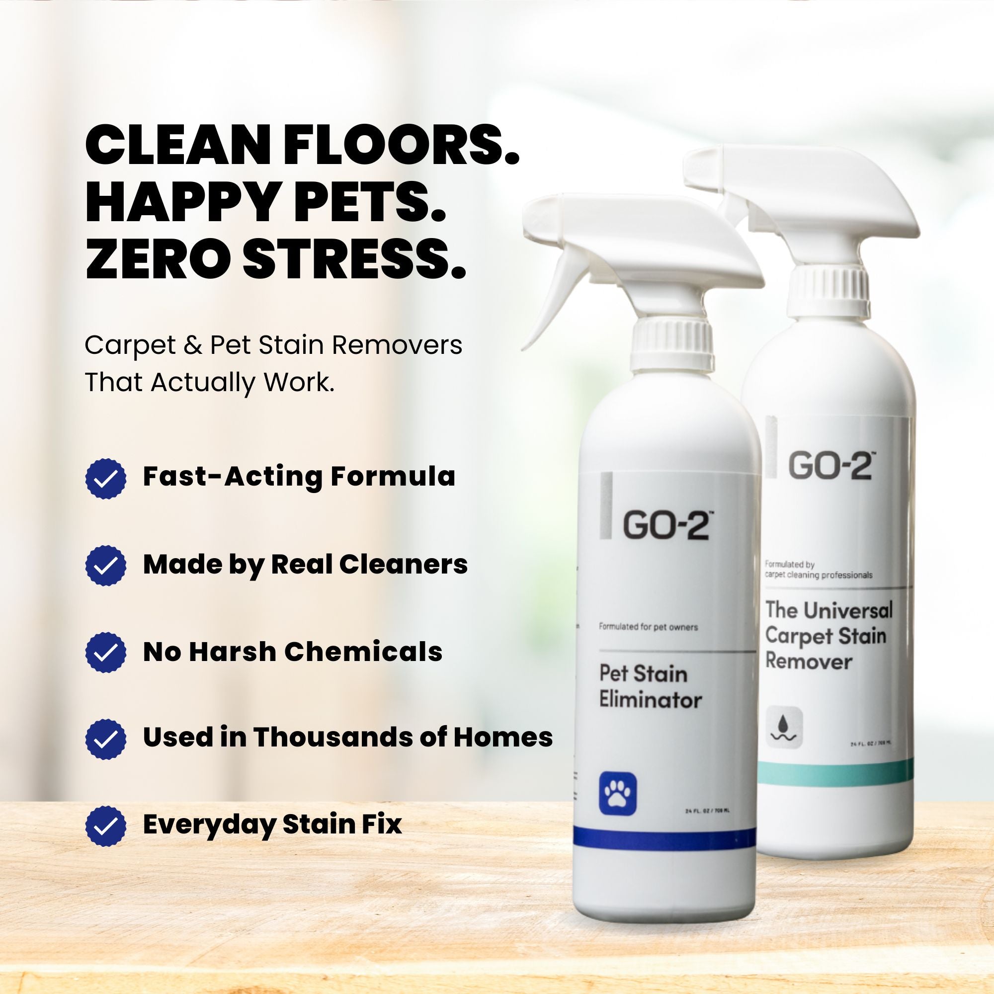 GO-2 Pet Stain Eliminator and Universal Carpet Stain Remover bottles