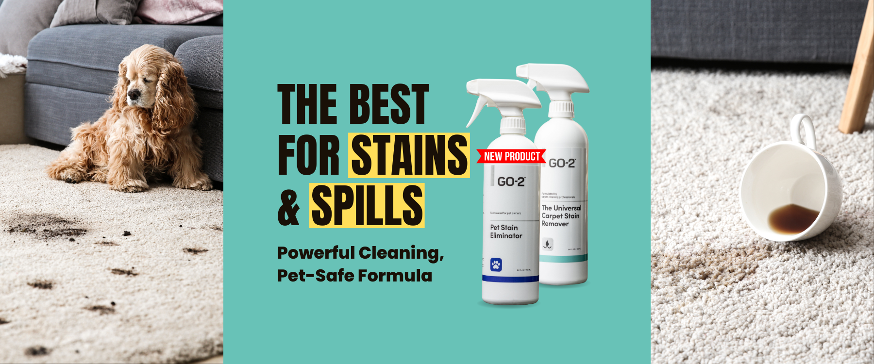GO-2 Pet Stain Eliminator spray bottle with a dog and a cat, promoting instant odor neutralization and stain removal